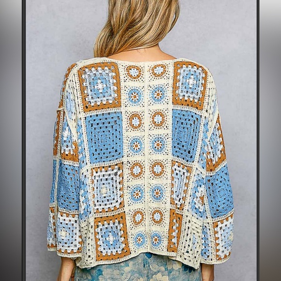 POL Blue and Brown Crochet Cardigan